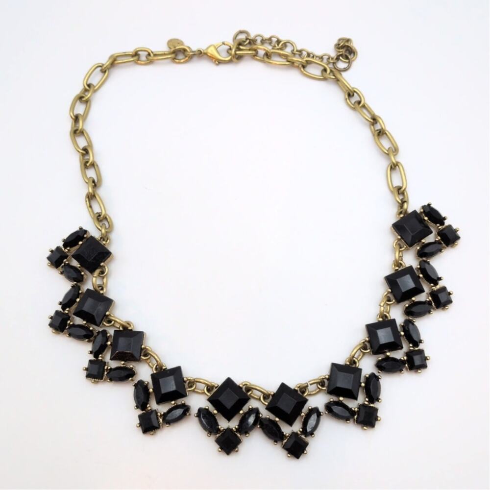 J. Crew Black Crystal Rhinestone Gold Tone Statement Necklace 17in-19.75in